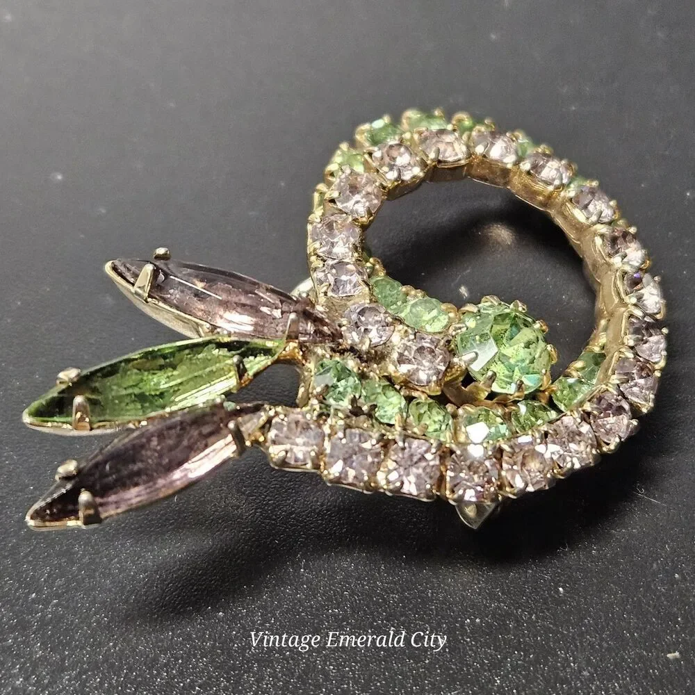 Vtg Unsigned Weiss Swirl Brooch Green & Purple Prong Rhinestones Navette Crystal